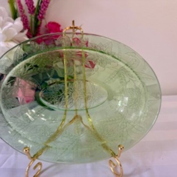 Green Depression Glass Oval Bowl Floral‎ Etched Vintage Swirl Scallop Rim - Picture 6 of 6